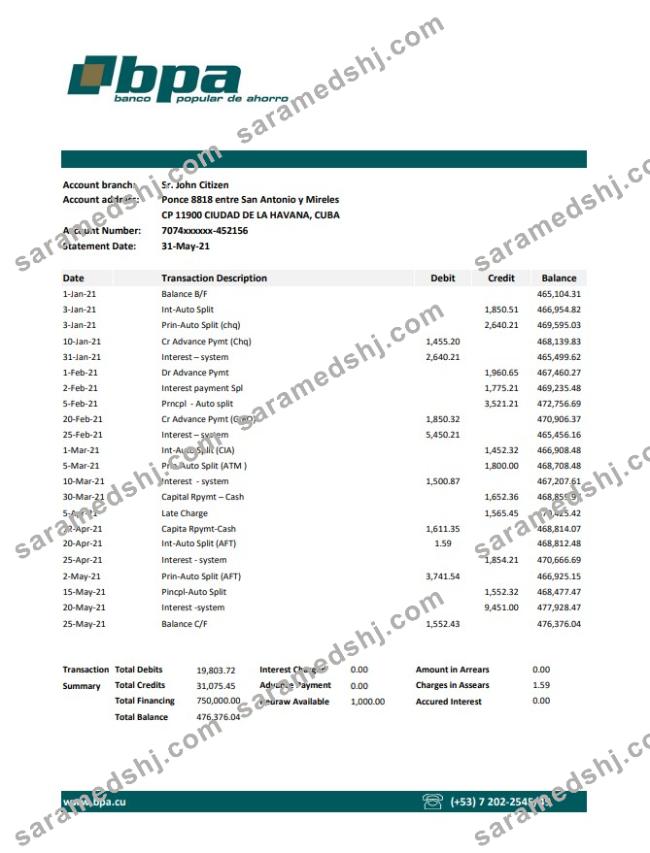 Cuba Banco Popular de Ahorro (BPA) bank statement easy to fill template in Excel and PDF format